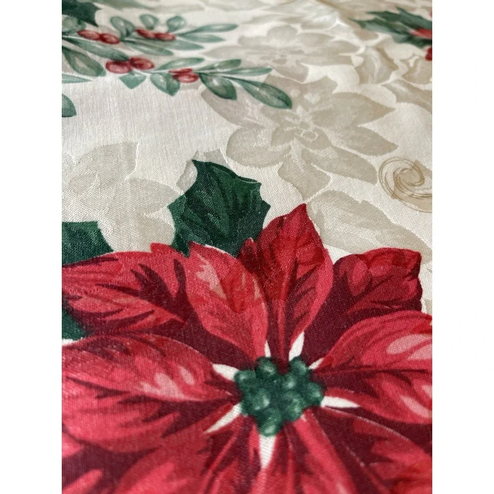Vintage Christmas Tablecloth 59 X 83 Damask Red Poinsettia Green Holly White